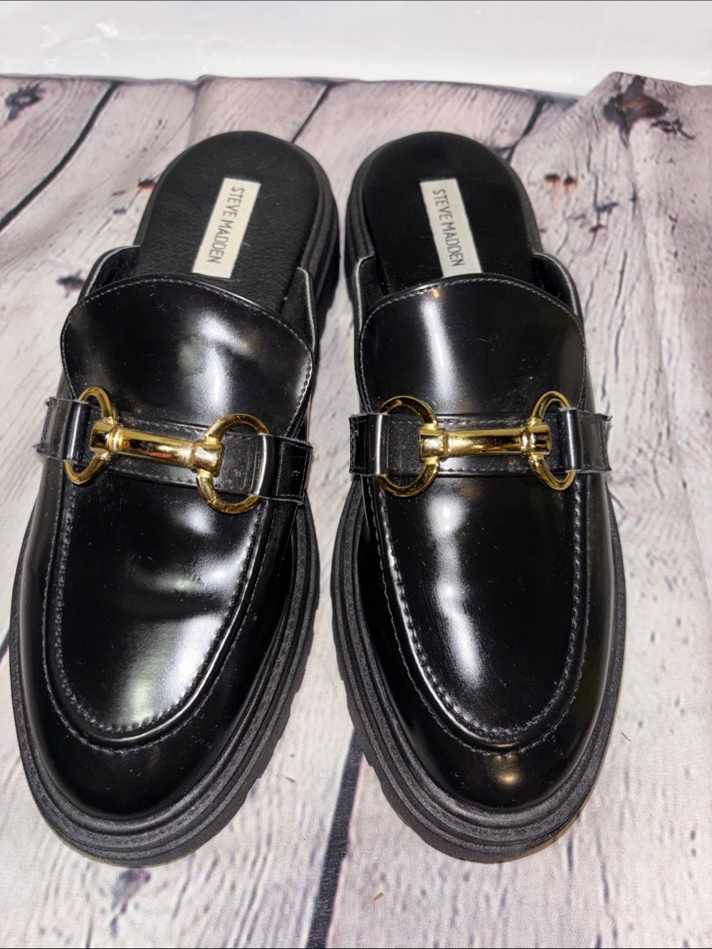 Steve Madden Black Patent Leather Slip-On Loafers with Gold Horsebit